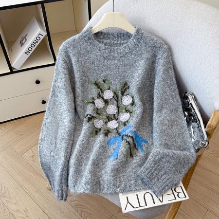 FA48782# 韩系设计感立体花朵圆领针织衫女秋冬高级感手工勾花毛衣女 服裝批發女裝批發服飾貨源