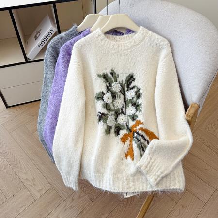 FA48782# 韩系设计感立体花朵圆领针织衫女秋冬高级感手工勾花毛衣女 服裝批發女裝批發服飾貨源