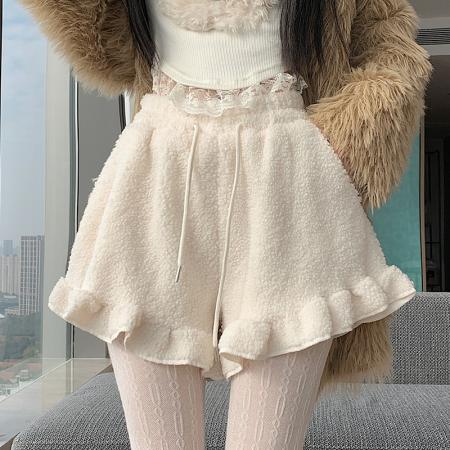 FA48783# 冬新款毛毛下摆波浪边休闲短裤女装显瘦靴裤羊羔毛阔腿裤 服裝批發女裝批發服飾貨源