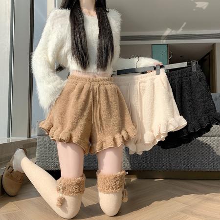 FA48783# 冬新款毛毛下摆波浪边休闲短裤女装显瘦靴裤羊羔毛阔腿裤 服裝批發女裝批發服飾貨源