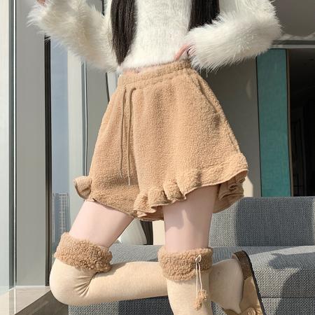 FA48783# 冬新款毛毛下摆波浪边休闲短裤女装显瘦靴裤羊羔毛阔腿裤 服裝批發女裝批發服飾貨源
