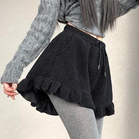 FA48783# 冬新款毛毛下摆波浪边休闲短裤女装显瘦靴裤羊羔毛阔腿裤 服裝批發女裝批發服飾貨源