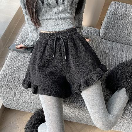 FA48783# 冬新款毛毛下摆波浪边休闲短裤女装显瘦靴裤羊羔毛阔腿裤 服裝批發女裝批發服飾貨源