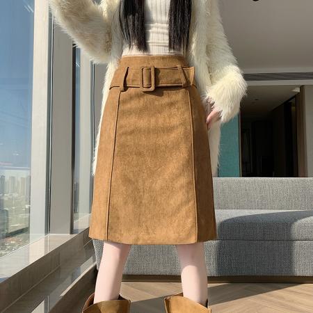 FA48784# 麂皮腰带直筒A字低腰半身裙女秋季复古宽松显瘦百搭中长裙 服裝批發女裝批發服飾貨源