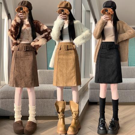 FA48784# 麂皮腰带直筒A字低腰半身裙女秋季复古宽松显瘦百搭中长裙 服裝批發女裝批發服飾貨源