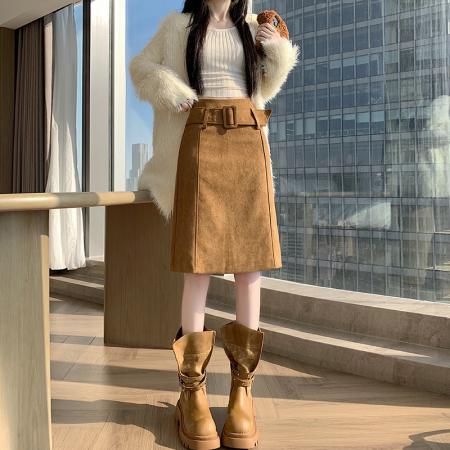 FA48784# 麂皮腰带直筒A字低腰半身裙女秋季复古宽松显瘦百搭中长裙 服裝批發女裝批發服飾貨源