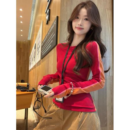 FA48786# 秋冬撞色拼接长袖t恤女内搭打底衫修身上衣女 服裝批發女裝批發服飾貨源