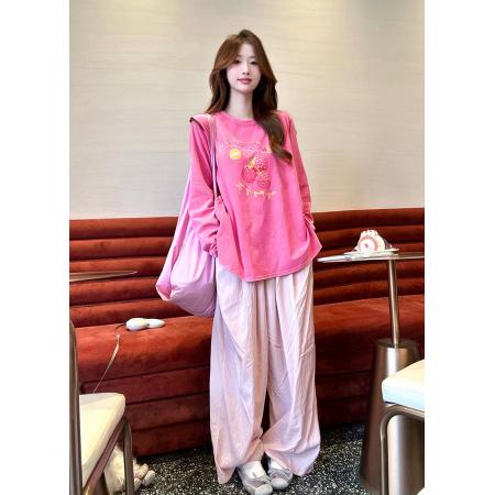 FA48787# 纯棉洗水印花长袖t恤女秋季慵懒宽松长袖上衣 服裝批發女裝批發服飾貨源