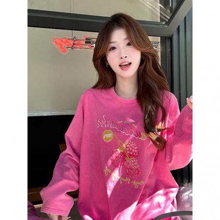 FA48787# 纯棉洗水印花长袖t恤女秋季慵懒宽松长袖上衣 服裝批發女裝批發服飾貨源