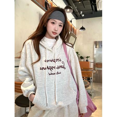 FA48788# 韩版秋冬季新款字母印花连帽套头加绒卫衣女 服裝批發女裝批發服飾貨源