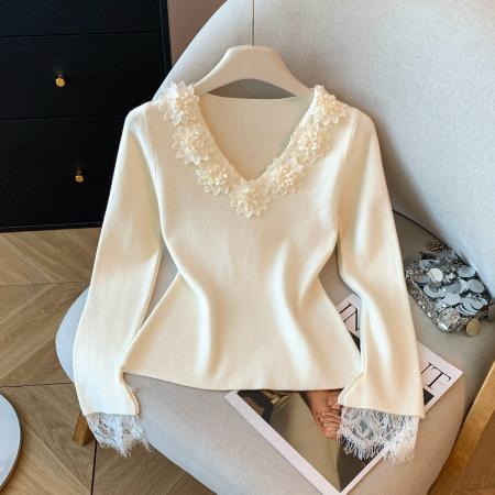 FA48789# 秋冬新款法式立领花朵V领针织衫女蕾丝拼接长袖毛衣 服裝批發女裝批發服飾貨源