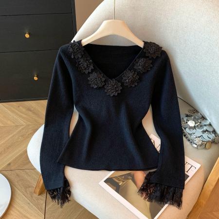 FA48789# 秋冬新款法式立领花朵V领针织衫女蕾丝拼接长袖毛衣 服裝批發女裝批發服飾貨源