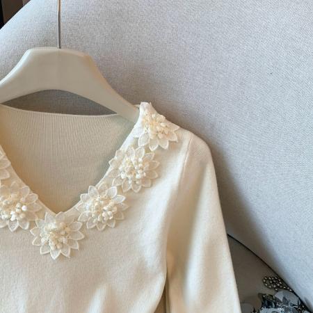 FA48789# 秋冬新款法式立领花朵V领针织衫女蕾丝拼接长袖毛衣 服裝批發女裝批發服飾貨源