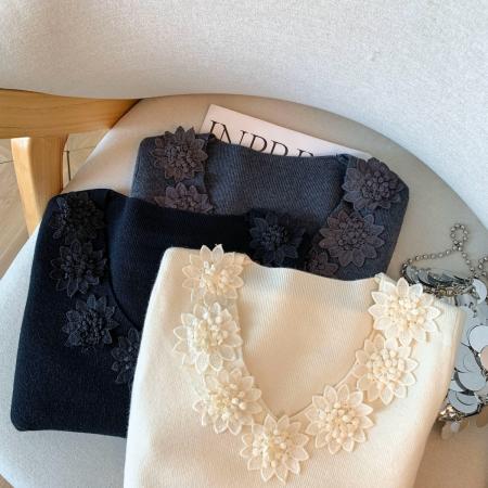 FA48789# 秋冬新款法式立领花朵V领针织衫女蕾丝拼接长袖毛衣 服裝批發女裝批發服飾貨源