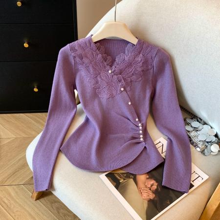 FA48790# 冬季气质法式蕾丝v领长袖打底针织衫修身内搭高级感减龄上衣 服裝批發女裝批發服飾貨源