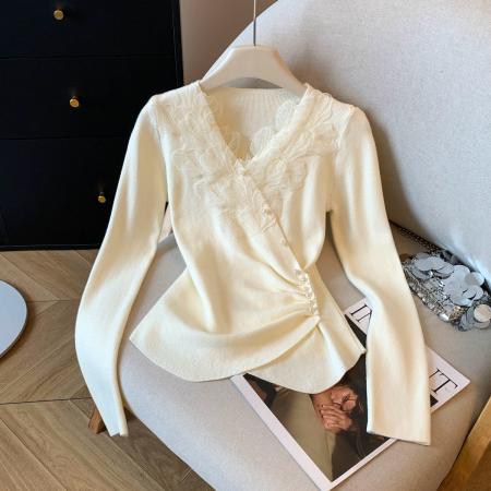 FA48790# 冬季气质法式蕾丝v领长袖打底针织衫修身内搭高级感减龄上衣 服裝批發女裝批發服飾貨源