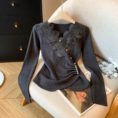 FA48790# 冬季气质法式蕾丝v领长袖打底针织衫修身内搭高级感减龄上衣 服裝批發女裝批發服飾貨源