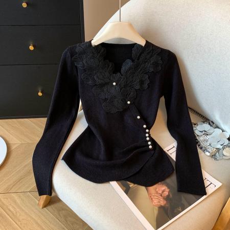FA48790# 冬季气质法式蕾丝v领长袖打底针织衫修身内搭高级感减龄上衣 服裝批發女裝批發服飾貨源