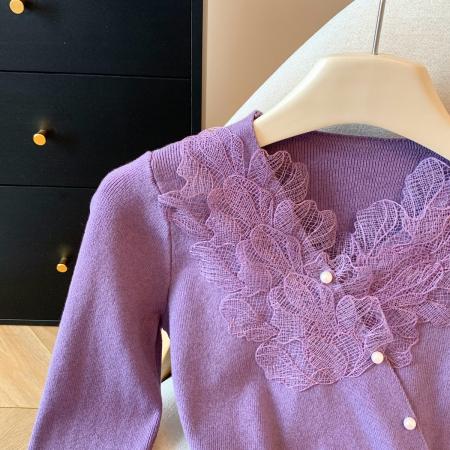 FA48790# 冬季气质法式蕾丝v领长袖打底针织衫修身内搭高级感减龄上衣 服裝批發女裝批發服飾貨源