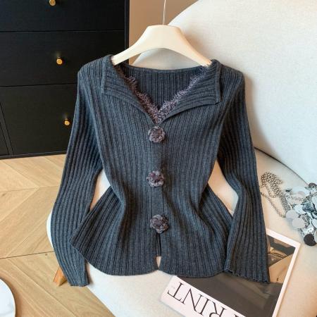 FA48791# 冬季装新款法式温柔风立体花翻领针织女蕾丝衫拼接毛衣 服裝批發女裝批發服飾貨源