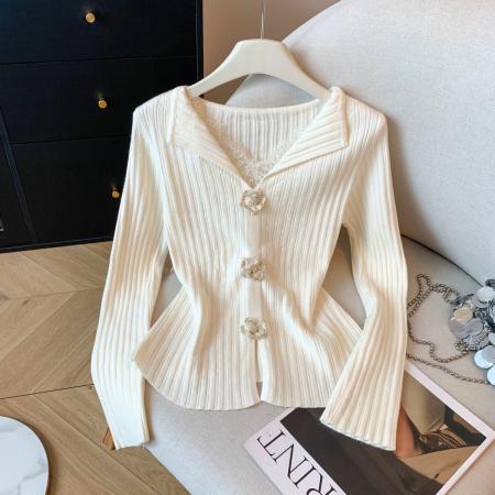 FA48791# 冬季装新款法式温柔风立体花翻领针织女蕾丝衫拼接毛衣 服裝批發女裝批發服飾貨源