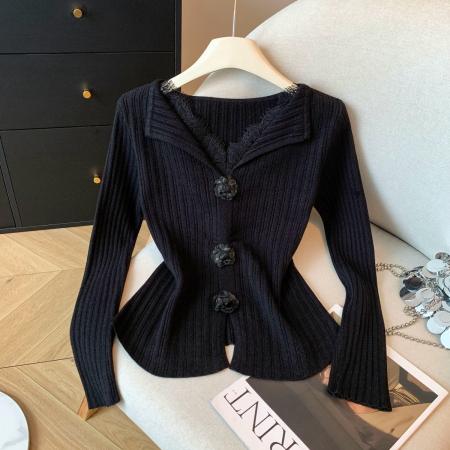 FA48791# 冬季装新款法式温柔风立体花翻领针织女蕾丝衫拼接毛衣 服裝批發女裝批發服飾貨源