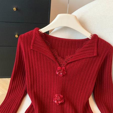 FA48791# 冬季装新款法式温柔风立体花翻领针织女蕾丝衫拼接毛衣 服裝批發女裝批發服飾貨源