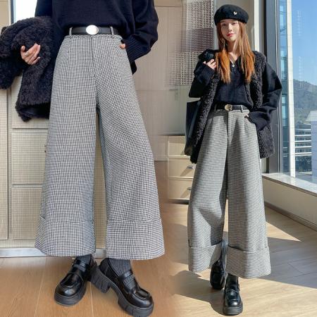 FA48792# 秋冬新款复古格子气质宽松阔腿裤女时尚高腰休闲九分裤 服裝批發女裝批發服飾貨源