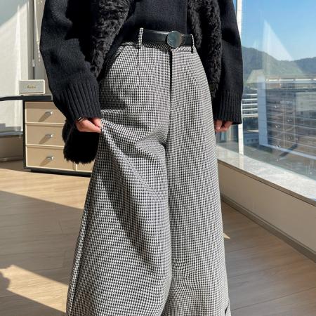FA48792# 秋冬新款复古格子气质宽松阔腿裤女时尚高腰休闲九分裤 服裝批發女裝批發服飾貨源