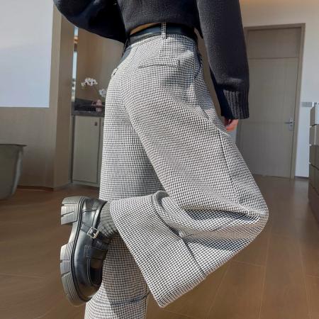 FA48792# 秋冬新款复古格子气质宽松阔腿裤女时尚高腰休闲九分裤 服裝批發女裝批發服飾貨源