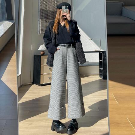 FA48792# 秋冬新款复古格子气质宽松阔腿裤女时尚高腰休闲九分裤 服裝批發女裝批發服飾貨源