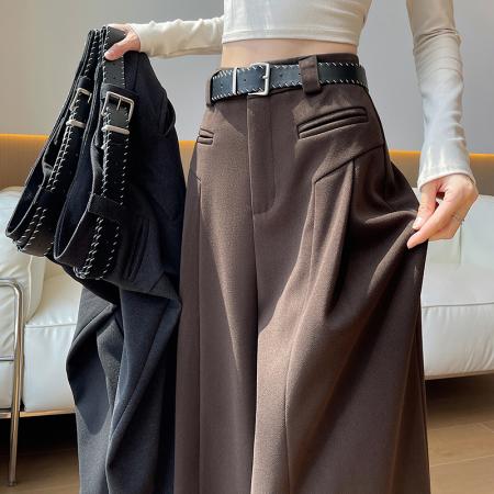 FA48793# 高级感毛呢西装阔腿裤女冬季新款高腰宽松垂感直筒休闲拖地裤 服裝批發女裝批發服飾貨源