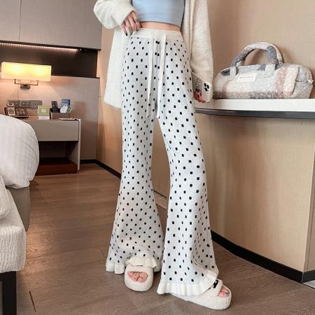 微喇裤女秋装新款减龄木耳边软糯针织裤子垂感拖地喇叭马蹄裤 服裝批發女裝批發服飾貨源