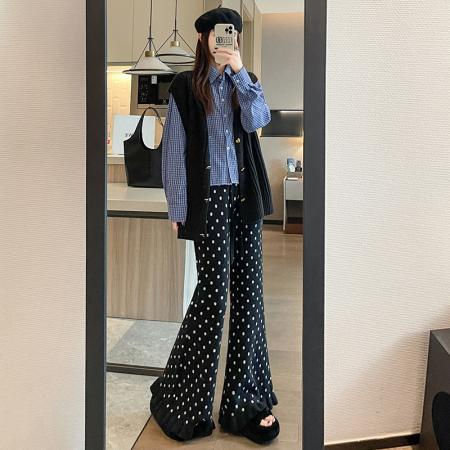 微喇裤女秋装新款减龄木耳边软糯针织裤子垂感拖地喇叭马蹄裤 服裝批發女裝批發服飾貨源