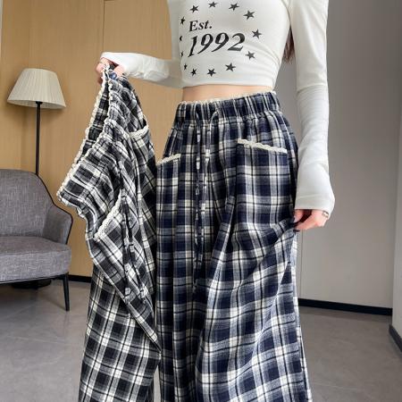 蕾丝花边格子裤子女秋冬新款抽绳高腰显瘦宽松百搭阔腿裤 服裝批發女裝批發服飾貨源