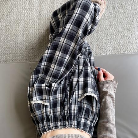 蕾丝花边格子裤子女秋冬新款抽绳高腰显瘦宽松百搭阔腿裤 服裝批發女裝批發服飾貨源