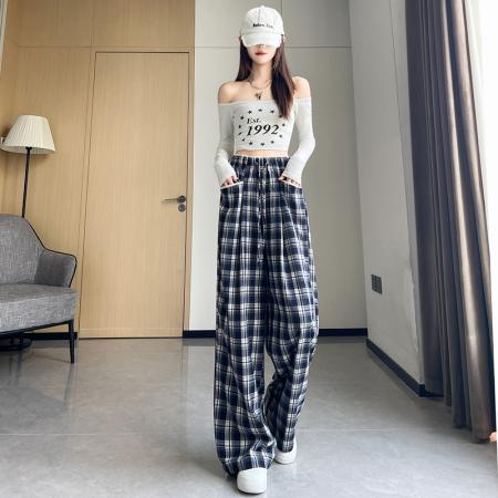 蕾丝花边格子裤子女秋冬新款抽绳高腰显瘦宽松百搭阔腿裤 服裝批發女裝批發服飾貨源