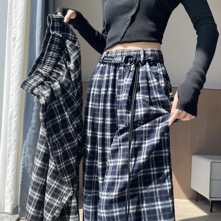 藏蓝色格子裤子阔腿裤女秋新款高级感慵懒松弛感宽松直筒长裤 服裝批發女裝批發服飾貨源