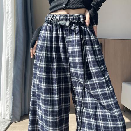 FA48804# 藏蓝色格子裤子阔腿裤女秋新款高级感慵懒松弛感宽松直筒长裤 服裝批發女裝批發服飾貨源