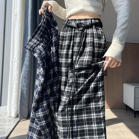 FA48804# 藏蓝色格子裤子阔腿裤女秋新款高级感慵懒松弛感宽松直筒长裤 服裝批發女裝批發服飾貨源