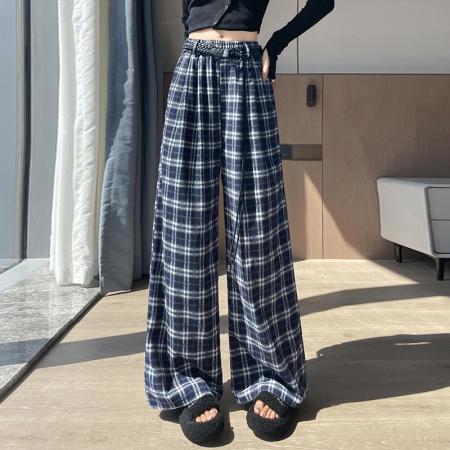 FA48804# 藏蓝色格子裤子阔腿裤女秋新款高级感慵懒松弛感宽松直筒长裤 服裝批發女裝批發服飾貨源