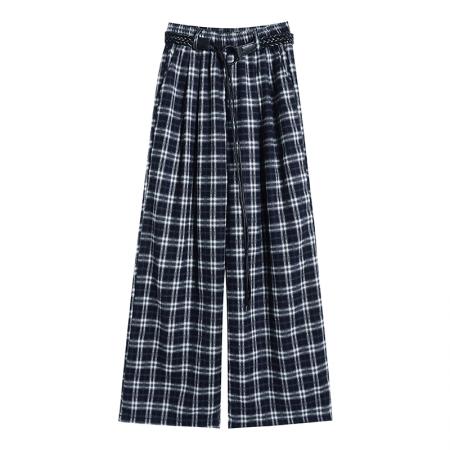 FA48804# 藏蓝色格子裤子阔腿裤女秋新款高级感慵懒松弛感宽松直筒长裤 服裝批發女裝批發服飾貨源