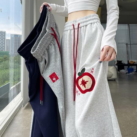 趣味苹果植绒绣卫裤女秋冬新款美式宽松休闲裤百搭显瘦直筒裤 服裝批發女裝批發服飾貨源