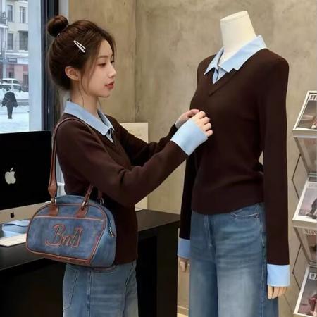 韩版设计感撞色拼接假两件翻领长袖针织衫女冬季通勤毛衣上衣 服裝批發女裝批發服飾貨源