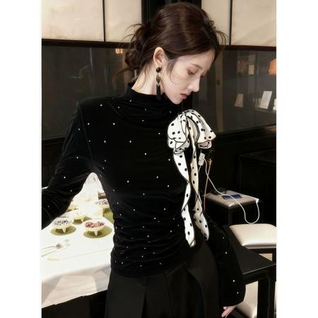 法式蝴蝶结绑带长袖丝绒T恤女秋冬黑色波点褶皱修身复古打底上衣 服裝批發女裝批發服飾貨源