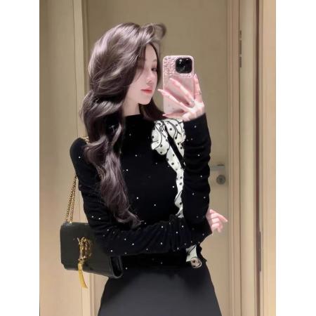 法式蝴蝶结绑带长袖丝绒T恤女秋冬黑色波点褶皱修身复古打底上衣 服裝批發女裝批發服飾貨源