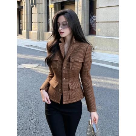 棕色小香风外套女秋冬气质高级感时髦洋气巨好看轻熟掐腰上衣 服裝批發女裝批發服飾貨源