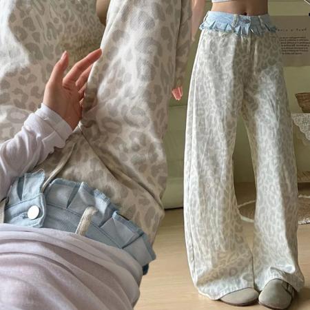 风豹纹牛仔裤新款直筒设计潮流百搭宽松显瘦牛仔阔腿裤女 服裝批發女裝批發服飾貨源