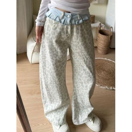 风豹纹牛仔裤新款直筒设计潮流百搭宽松显瘦牛仔阔腿裤女 服裝批發女裝批發服飾貨源