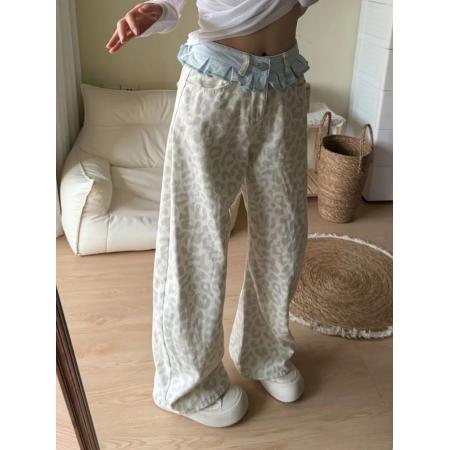 风豹纹牛仔裤新款直筒设计潮流百搭宽松显瘦牛仔阔腿裤女 服裝批發女裝批發服飾貨源